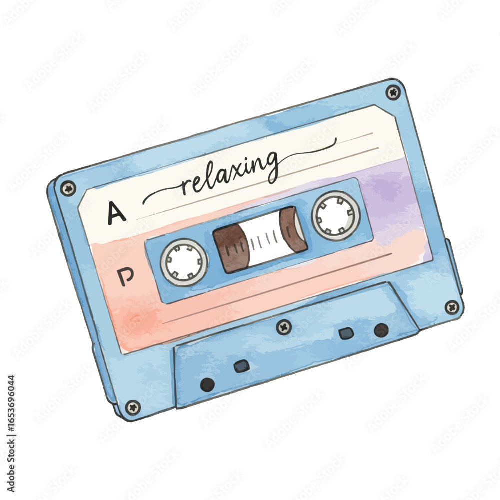 Obraz premium Watercolor Illustration of a Pastel Blue Cassette Tape