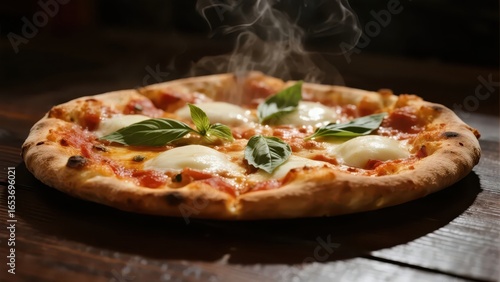 Wallpaper Mural A plate of freshly baked pizza with melted cheese, tomato sauce, and fresh basil leaves on the surface, emitting steam and looking very delicious. Torontodigital.ca