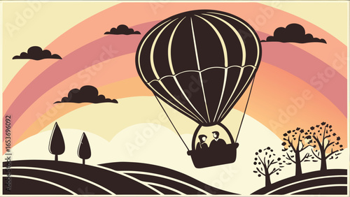 Romantic vintage hot air balloon ride over idyllic countryside landscape at sunset; couple silhouetted against pastel rainbow, stylized illustration.