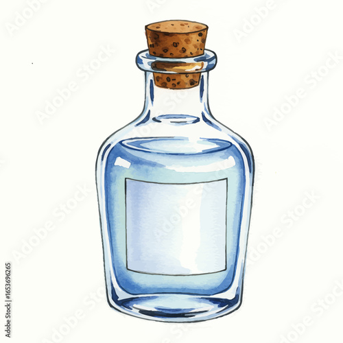 Watercolor Illustration of a Light Blue Glass Bottle with Cork