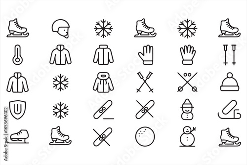 Photography Snow and Winter Activity Icons – Skiing, Skating, Jacket, Gloves and Hat Symbols