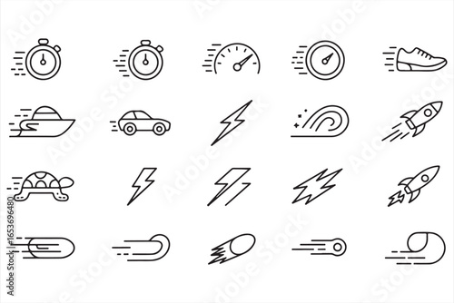Racing and Sports Speed Icons – Fast Motion, Running Shoe and Energy Vector