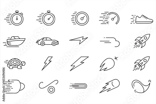 Acceleration and Velocity Icons – Rocket, Comet, Stopwatch and Lightning Symbols