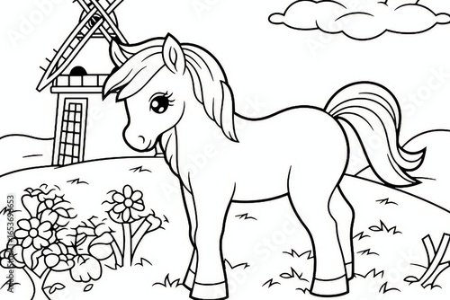 Cute horse eating apples coloring page for kids in farmland with windmill and pumpkin patch simple line art thick outlines on white background