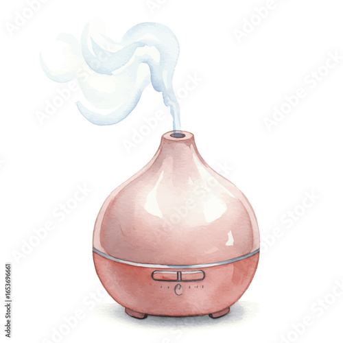 Watercolor Illustration of a Pink Essential Oil Diffuser with Steam