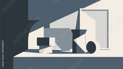 Abstract geometric shapes and still life composition in monochromatic shades of blue and gray