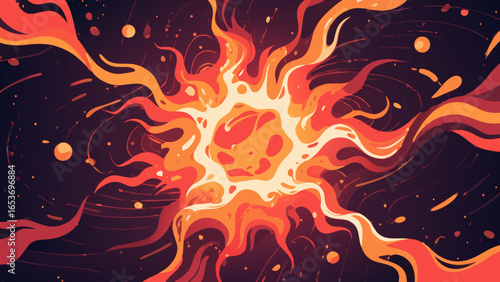 Abstract illustration of an orange and red fiery explosion against a dark background