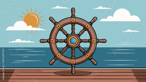 Cartoon illustration of a wooden ship's wheel with sea, sun, and clouds in the background.