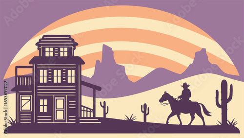 Retro Western Silhouette: Cowboy Riding Horse Towards Desert Ranch House at Sunset, Vintage Style, Peaceful Mood.