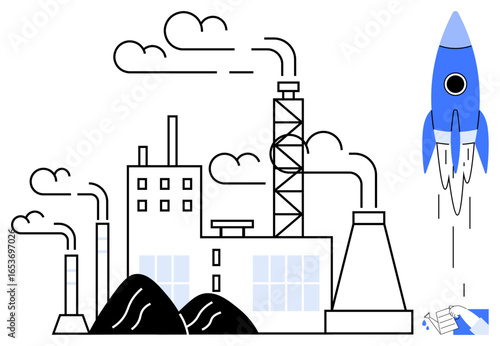 Factory with chimneys and black coal piles emitting smoke. Blue rocket launching in contrast to the industrial setting. Ideal for innovation, industry, environment, sustainability, growth