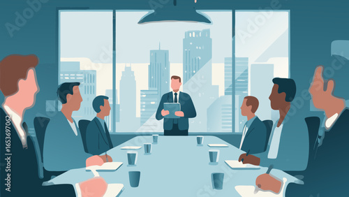 Business meeting in a modern office with a group of diverse professionals.
