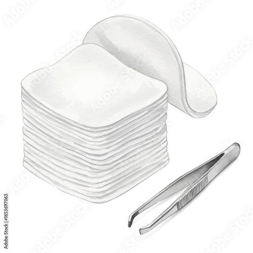 Stack of Cotton Pads with Metal Tweezers Illustration