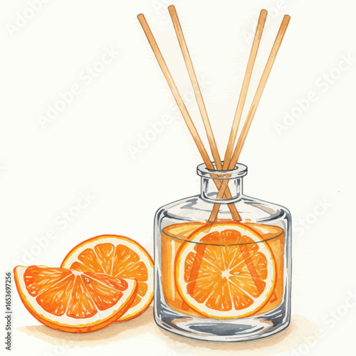 Watercolor Illustration of Orange Slices and Reed Diffuser