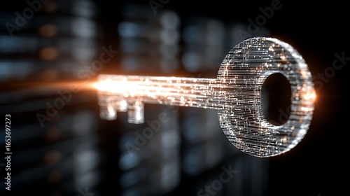 A glowing, metallic key with a digital circuitry pattern, floating in front of a blurred, dark background with a bright, glowing light source.