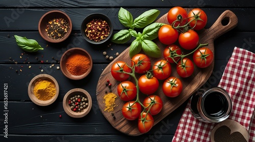 Fresh tomatoes and spices arranged on a wooden cutting board