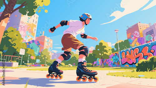 Illustration of a person roller skating in a sunny urban environment with graffiti art