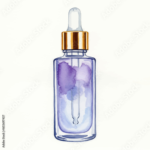 Watercolor Illustration of a Purple Serum Bottle with Dropper
