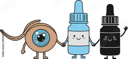Cartoon eye health illustration with eye drops for dry eyes
