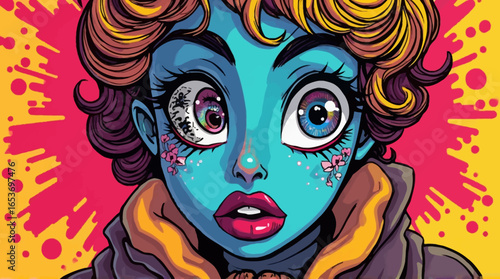 Whimsical blue-skinned character with mesmerizing eyes and floral accents, perfect for fantasy art, unique character designs, and imaginative creations