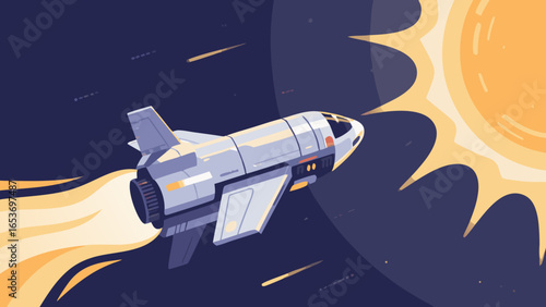 Illustration of a spaceship traveling through space towards a bright sun