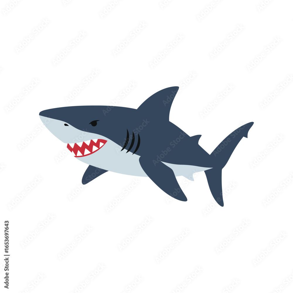 Fototapeta premium Cartoon shark illustration great white predator ocean wildlife marine animal underwater danger vector graphic