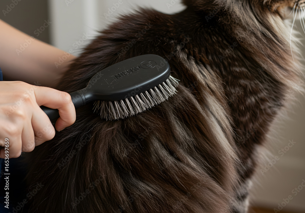 Fototapeta premium Person grooming fluffy cat