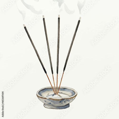 Watercolor Illustration of Burning Incense Sticks in Bowl