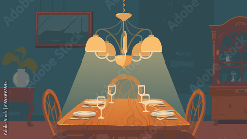 Interior illustration of a dining room with a chandelier and a set table prepared for dinner