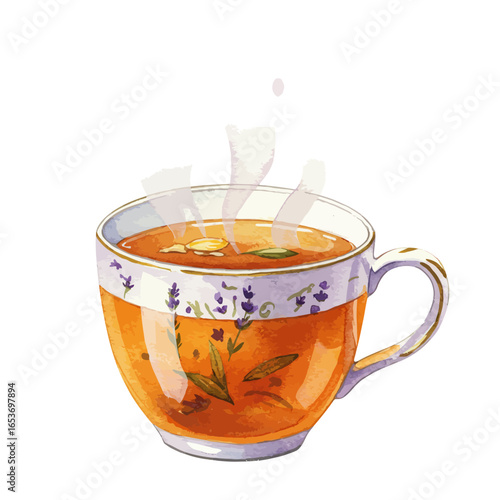 Watercolor Illustration of Herbal Tea in Decorated Cup