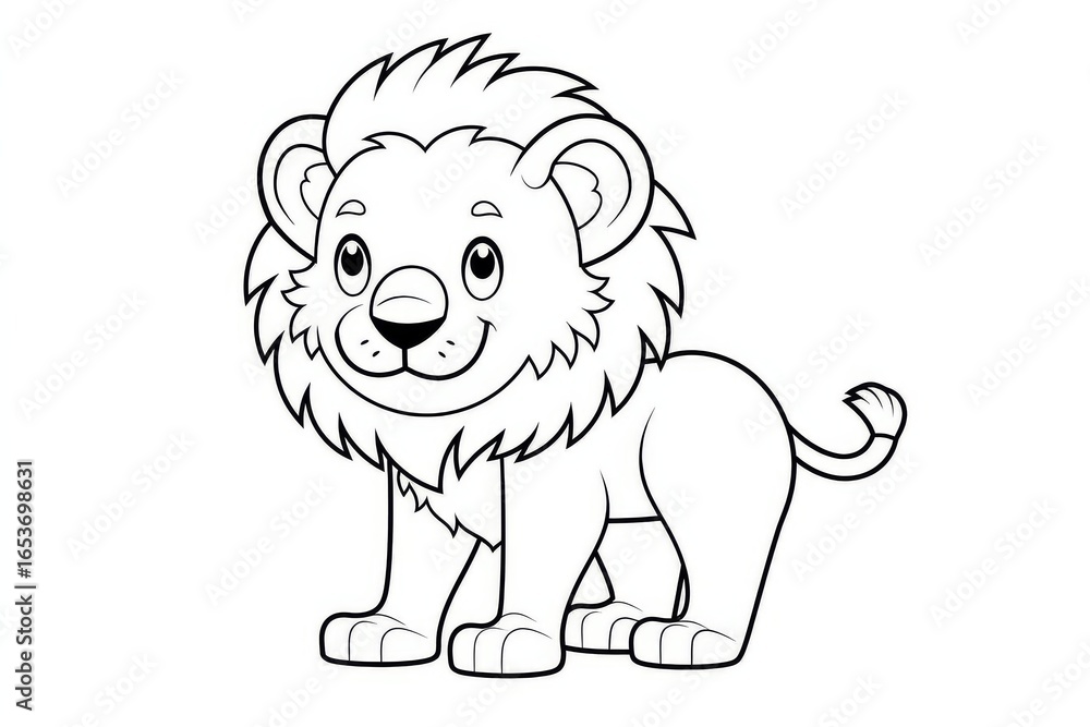Fototapeta premium Cute simple cartoon lion coloring page for kids in black and white with thick bold lines and minimal detail isolated on white background