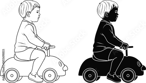 Illustration of toddler riding toy car black and white outline