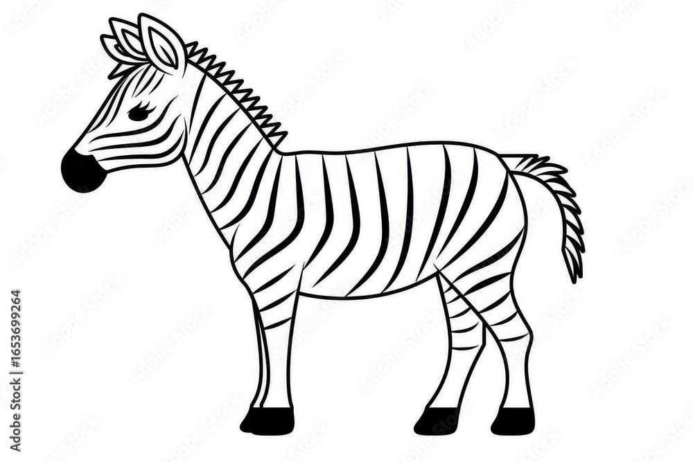 Obraz premium Cute zebra line drawing vector icon in minimalist black and white flat design, simple cartoon animal clipart illustration isolated on white background