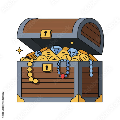 Open treasure chest overflowing with gold coins and jewels pirate loot illustration
