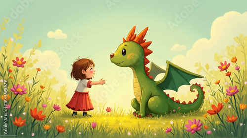 Adorable little girl reaching out to a friendly green dragon in a sunny flower field, perfect for children's books and whimsical designs