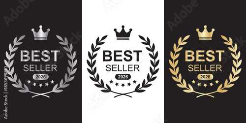 Set of badge best seller, best choice, best price, best quality. Gold and black logo design with wreath laurel. icon vector template. Best seller badge and seals icons with crowns and stars. 