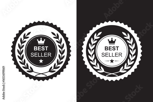 Best seller award badge in gold and black. Laurel wreath Rounded Circle Serrated Edge Decoration vector isolated for Premium Quality product, book cover label or your the Best selling product. 