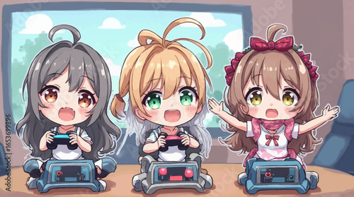 Adorable anime chibi girls joyfully playing video games together, radiating happiness and friendship in a vibrant, playful setting