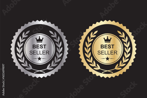 Best seller award badge in gold and black. Laurel wreath Rounded Circle Serrated Edge Decoration vector isolated for Premium Quality product, book cover label or your the Best selling product. 