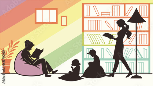 Silhouette family reading books in a pastel-colored room with a bookshelf, showcasing a calm and peaceful family reading time, emphasizing togetherness and the joy of reading.