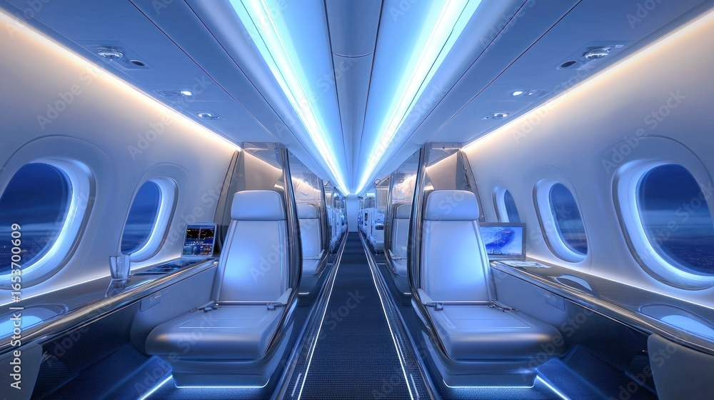 Obraz premium A sleek, modern airplane cabin with white and blue lighting, white leather seats, and large windows.