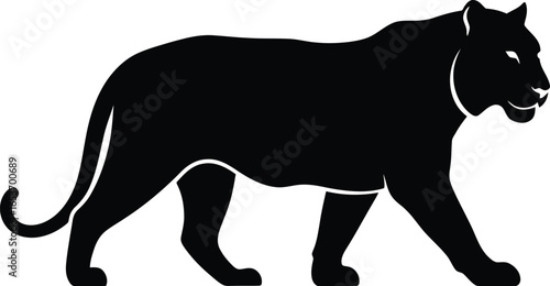 A striking black panther walking with a powerful and graceful stride, depicted in a stark silhouette against a white background.