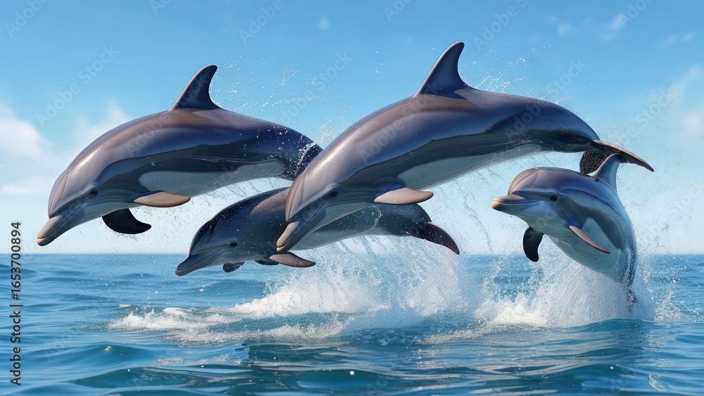 Obraz premium A Joyful Pod of Four Dolphins in a Synchronized Leap Over Blue Waves