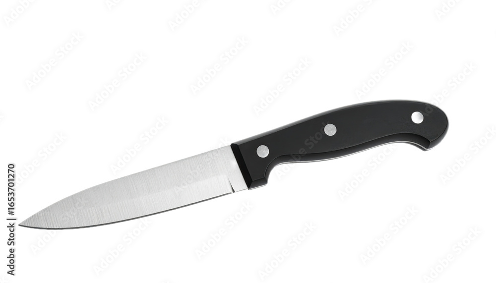 A sharp kitchen knife with a black handle lies angled against a black background. A sharp kitchen knife with a black handle lies angled against a black background.