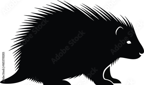 A black silhouette of a porcupine with sharp quills standing on a white background.