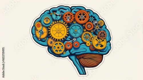 A stylized brain with gears