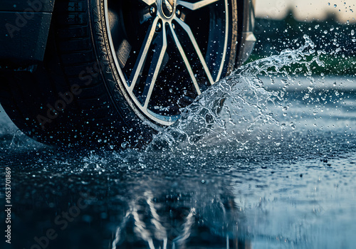 Vehicle tire splashing water on wet road