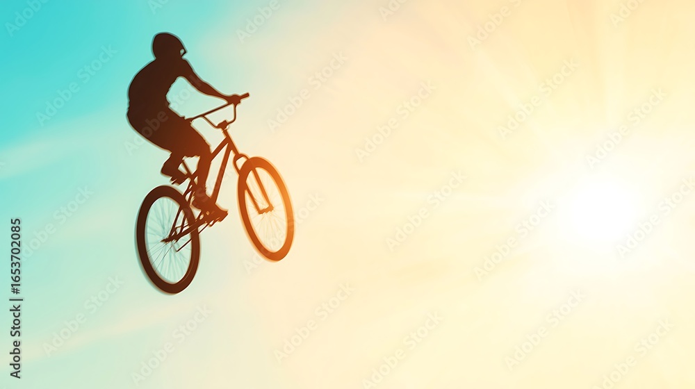 Fototapeta premium Silhouette of a cyclist performing a stunt against a bright sky