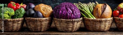 Healthy food selection of good carbohydrate concept. Colorful fresh vegetables in woven baskets on a wooden table.