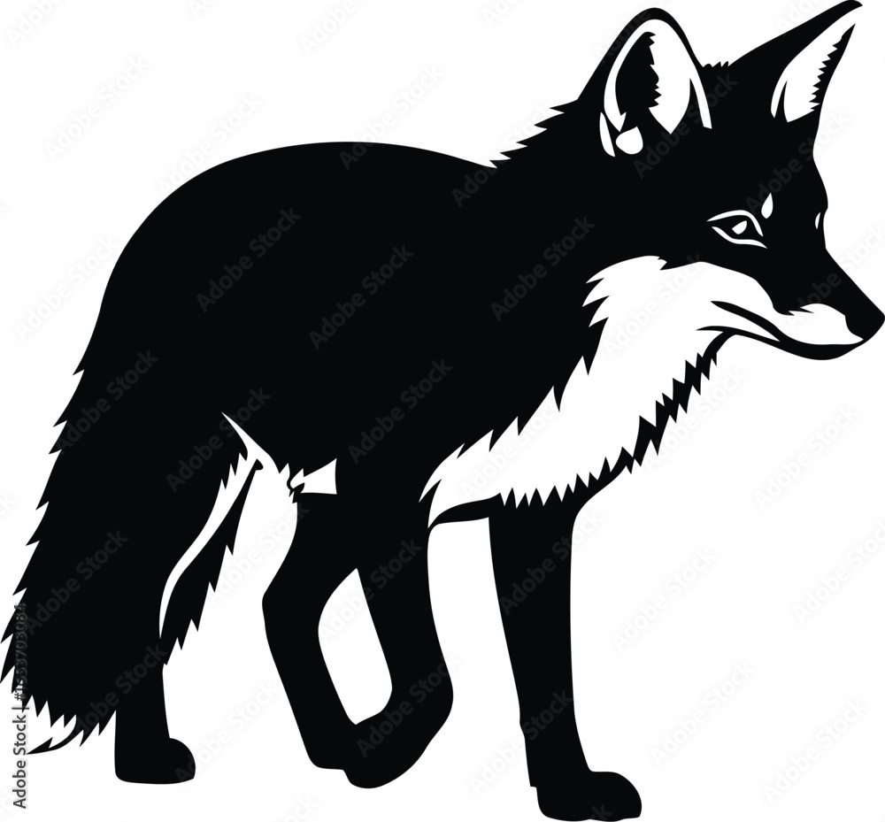 Obraz premium A striking black and white illustration of a fox in profile, showcasing its alert posture and distinctive features.