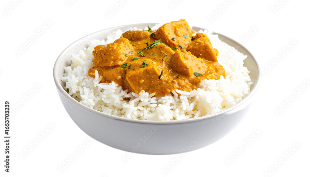 Creamy curry with rice in a white bowl, a close-up view showcasing the warm, savory dish. Creamy curry with rice in a white bowl, a close-up view showcasing the warm, savory dish.